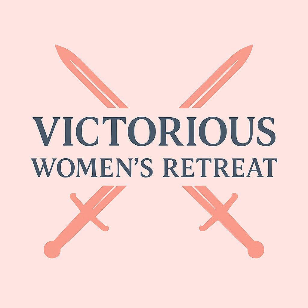 Victorious Women's Retreat logo with crossed coral swords on a pale pink background