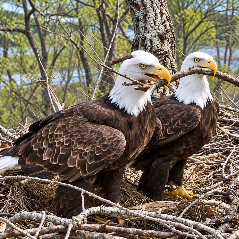 Two bald eagles holding a branch together in a nest.